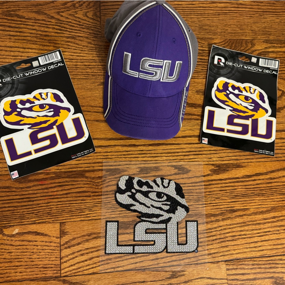 LSU Purple Cap Hat, Studded Decal and Auto Decals Set
